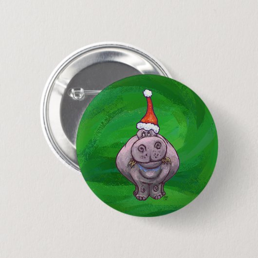 Badge Rond 5 Cm Hippo Festif Sur Vert (Devant & derrière)
