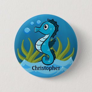 Badge Rond 5 Cm Hippocampe bleu personnalisé