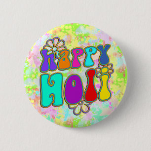 Badge Rond 5 Cm holiES - HAPPY HOLI fleurs aux contours colorés 1