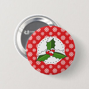 Badge Rond 5 Cm Holly Berry on Red White Snowflakes