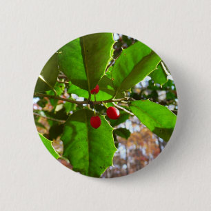 Badge Rond 5 Cm Holly Feuilles II Vacances Nature Botanique