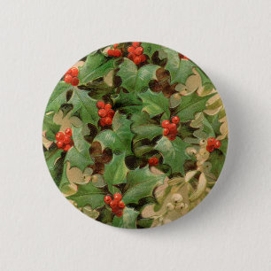 Badge Rond 5 Cm Holly Tree Noël Vintage