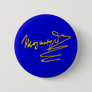 Badge Rond 5 Cm HOMAGE À MOZART Gold Signature Du Compositeur Blue