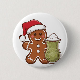 Badge Rond 5 Cm Homme en pain d'épices tenant Matcha Boire Noël
