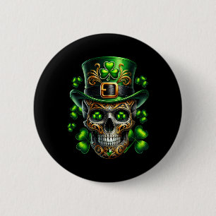 Badge Rond 5 Cm Hommes Crâne Irlandais Trèfle Leprechaun Irlande S