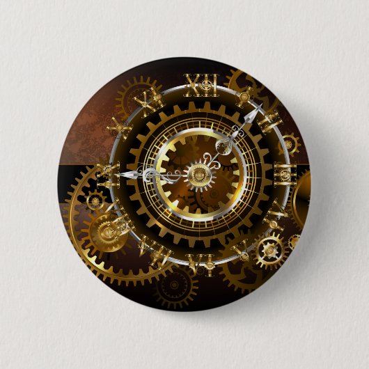 Badge Rond 5 Cm Horloge Steampunk avec des engrenages anciens (Devant)