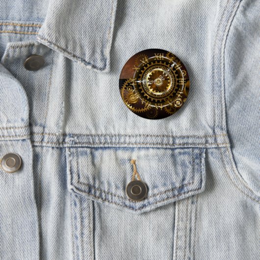 Badge Rond 5 Cm Horloge Steampunk avec des engrenages anciens (En situation)