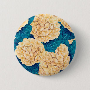 Badge Rond 5 Cm Hydrangea aquarelle motif, jaune et bleu