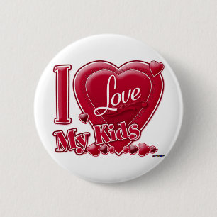 Badge Rond 5 Cm I Love My Kids rouge - coeur