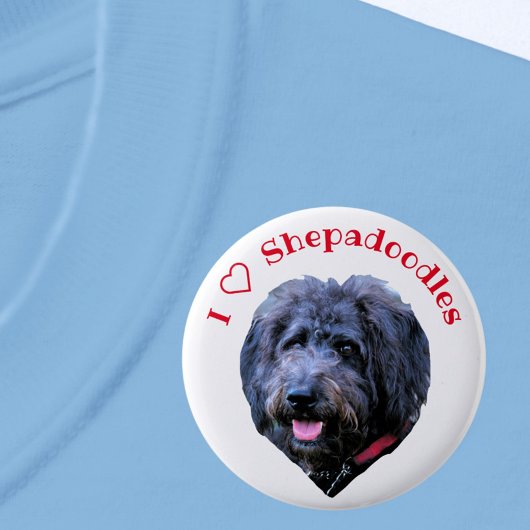 Badge Rond 5 Cm I Love Shepadoodles Chien Bouton blanc