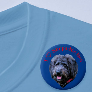 Badge Rond 5 Cm I Love Shepadoodles Chien race Bouton bleu
