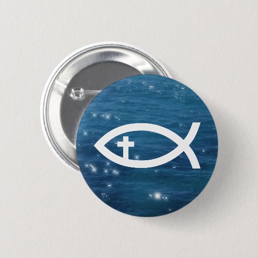 Badge Rond 5 Cm Ichthus - poisson chrétien avec la croix (Devant & derrière)