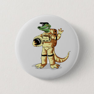 Badge Rond 5 Cm Iguanodon Habillé Dans Un Spacesuit Cosmonaute.