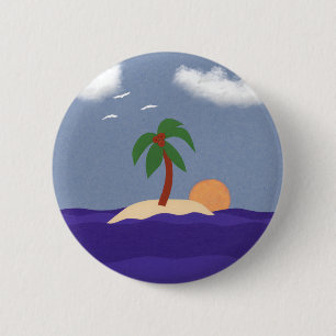 Badge Rond 5 Cm Île avec palmier, coucher de soleil et mouettes