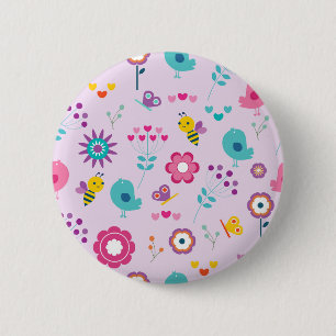 Badge Rond 5 Cm Illustration de mignons oiseaux, abeilles et fleur