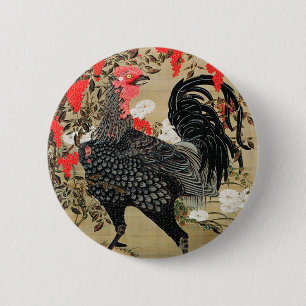 Badge Rond 5 Cm Illustration de Nandina et Rooster par Ito Jakuchu
