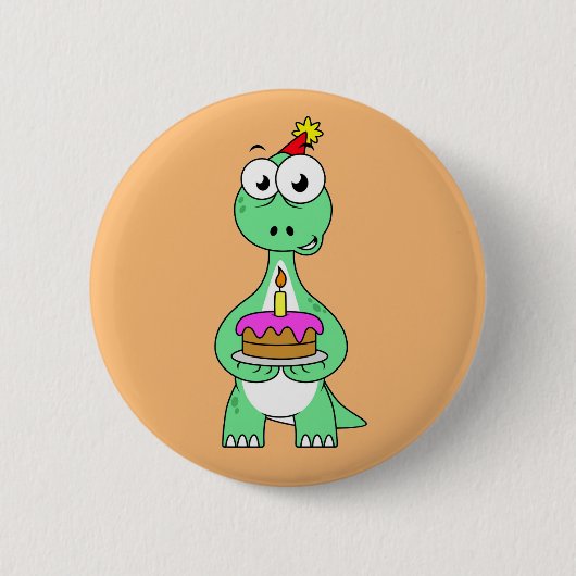 Badge Rond 5 Cm Illustration Du Brontosaurus Avec Gâteau D'Anniver (Devant)