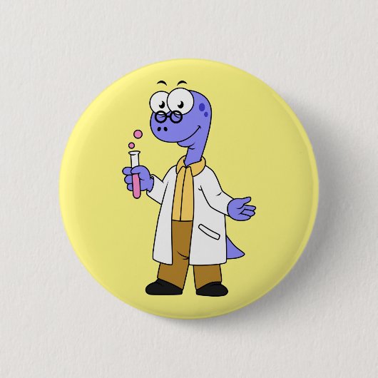 Badge Rond 5 Cm Illustration D'Un Chimiste Brontosaurus. (Devant)