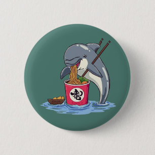 Badge Rond 5 Cm Illustration d'un dauphin mangeant des ramen