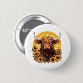 Badge Rond 5 Cm Illustration d'une vache des Highlands avec Sunflo (Devant & derrière)