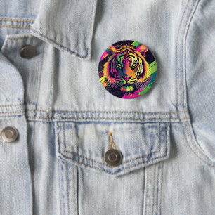 Badge Rond 5 Cm Illustration Pop Art Tiger avec des couleurs néon