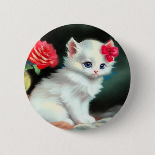 Badge Rond 5 Cm Illustration vintage de Kitten blanc avec fleurs r