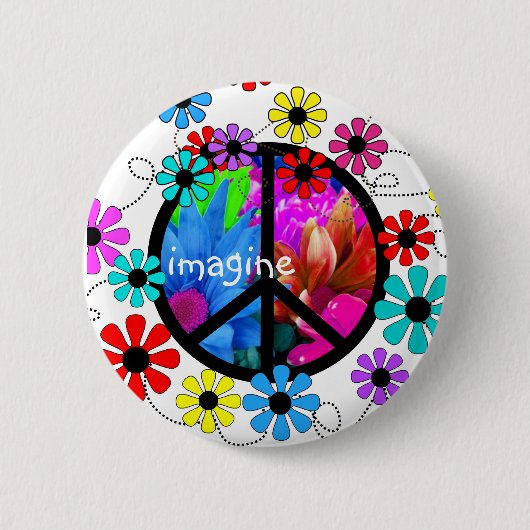 Badge Rond 5 Cm Imaginez le symbole de paix et les rétros fleurs (Devant)