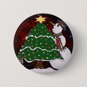 Badge Rond 5 Cm Impression d'art Surprise Bonhomme de Neige Arbre
