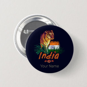 Badge Rond 5 Cm Inde Tigre Vintage Avec Drapeau Retro Lotus Souven