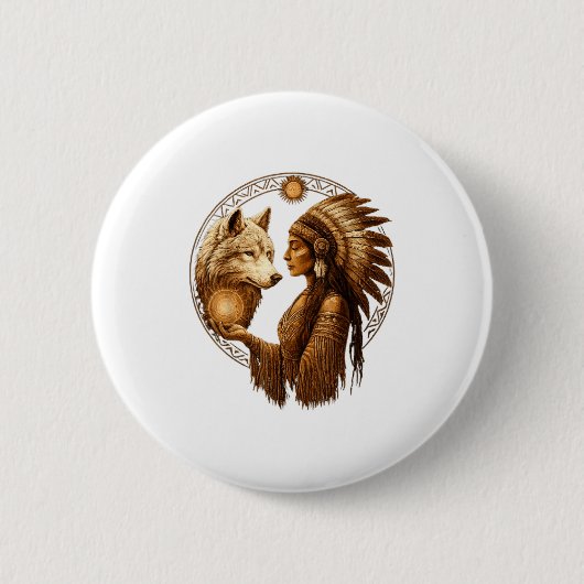 Badge Rond 5 Cm Indian Native American Woman With White Wolf Vinta (Devant)