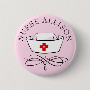 Badge Rond 5 Cm Infirmière Casquette Ajouter un nom Rose