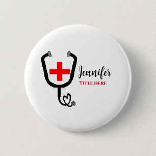 Badge Rond 5 Cm Infirmière médecin rouge plus stéthoscope ajouter
