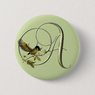 Badge Rond 5 Cm Initiales A d'oiseau chanteur