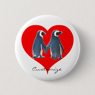 Badge Rond 5 Cm Inséparables Penguin Couple Red Heart Thunder_Cove