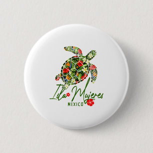 Badge Rond 5 Cm Isla Mujeres Mexique Tortue de mer Hibiscus Tropic