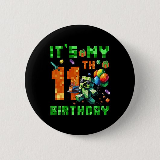 Badge Rond 5 Cm It's My 11th Birthday Pixel Number Video Game Game (Devant)