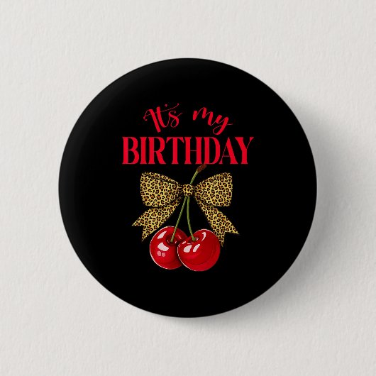 Badge Rond 5 Cm It's My Birthday Cute Cherry Leopard Coquette Bow  (Devant)