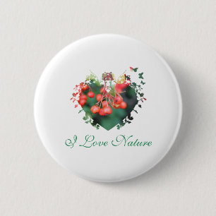 Badge Rond 5 Cm j'aime la nature, baies rouges, vert, cadre en for