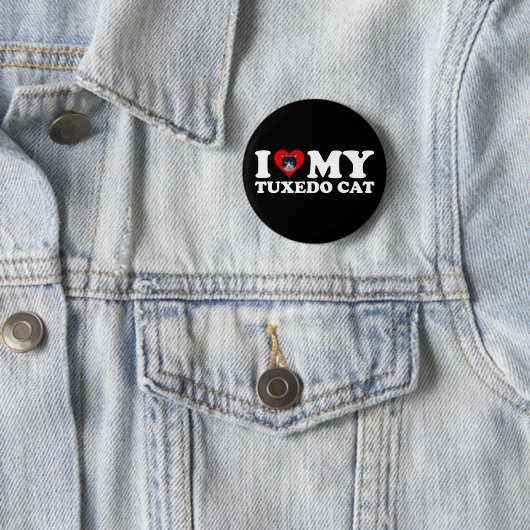 Badge Rond 5 Cm J'Aime Mon Chat Tuxedo (En situation)