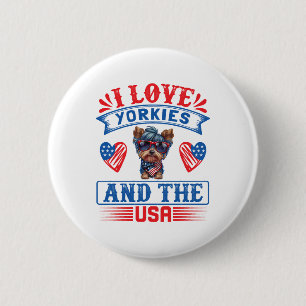 Badge Rond 5 Cm J'aime Yorkies et les USA 01