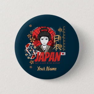 Badge Rond 5 Cm Japon Vintage Geisha avec drapeau Koi et Lotus Sou