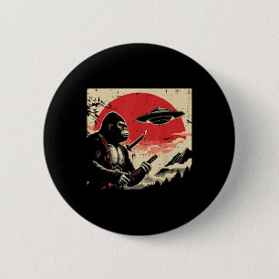 Badge Rond 5 Cm Japonais Bigfoot Samurai Ufo Sasquatch Vintage