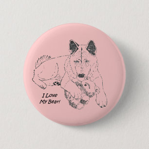 Badge Rond 5 Cm Japonais mignon akita avec l'art rose d'ours de