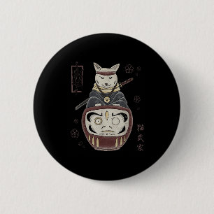 Badge Rond 5 Cm Japonais Samurai Ninja Chat Sur Daruma Traditionne