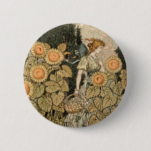 Badge Rond 5 Cm Jardin Art nouveau de tournesol Femme Grasset