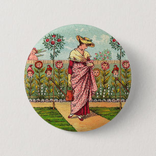 Badge Rond 5 Cm Jardin Cultivation Flower Woman Art Antique