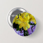 Badge Rond 5 Cm Jaune et Fleurs Lilac Violettes (Devant & derrière)