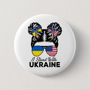 Badge Rond 5 Cm Je suis avec l'Ukraine Américaine Usa Chignon Méch
