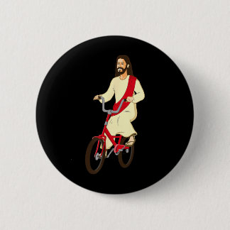 Badge Rond 5 Cm Jésus-Christ à vélo, foi chrétienne amusante