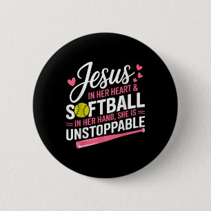 Badge Rond 5 Cm Jésus Dans Son Coeur Et Softball Dans Sa Main Soft